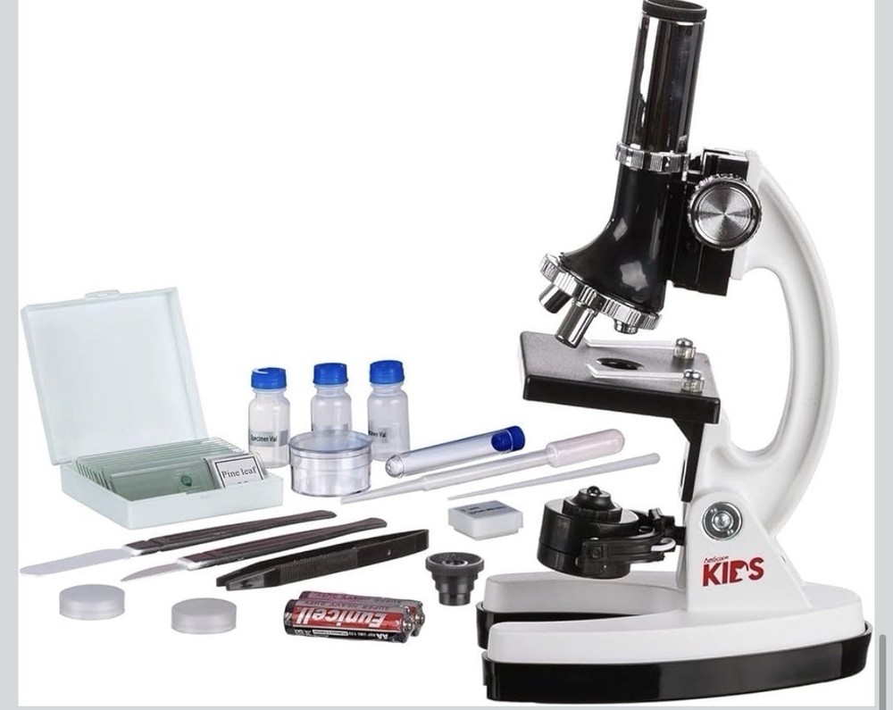 AmScope 52pc 120X-1200X Kids Starter Compound Microscope Portable Science Kit