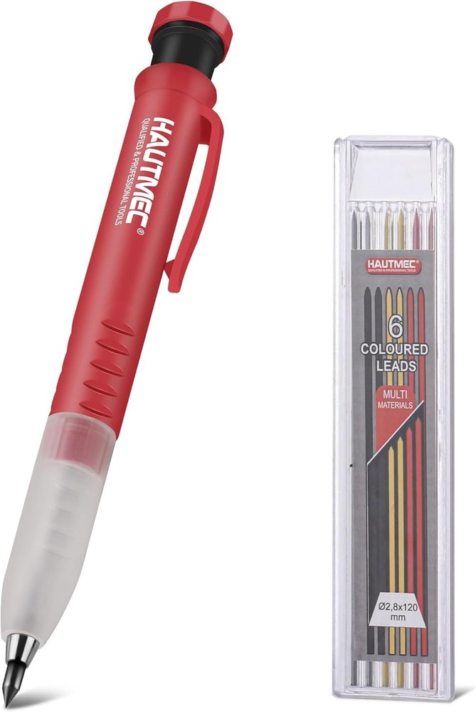 HAUTMEC Mechanical Carpenter Pencil Deep Hole Marker w Sharpener 7 Leads Tool