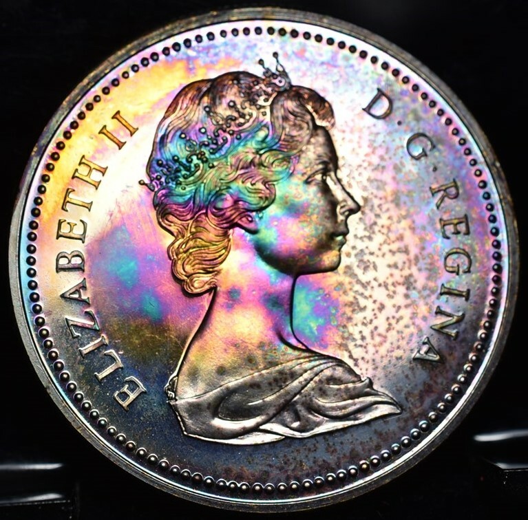 1971 Canada British Columbia $1 - Electrifying Rainbow Toning! Must See