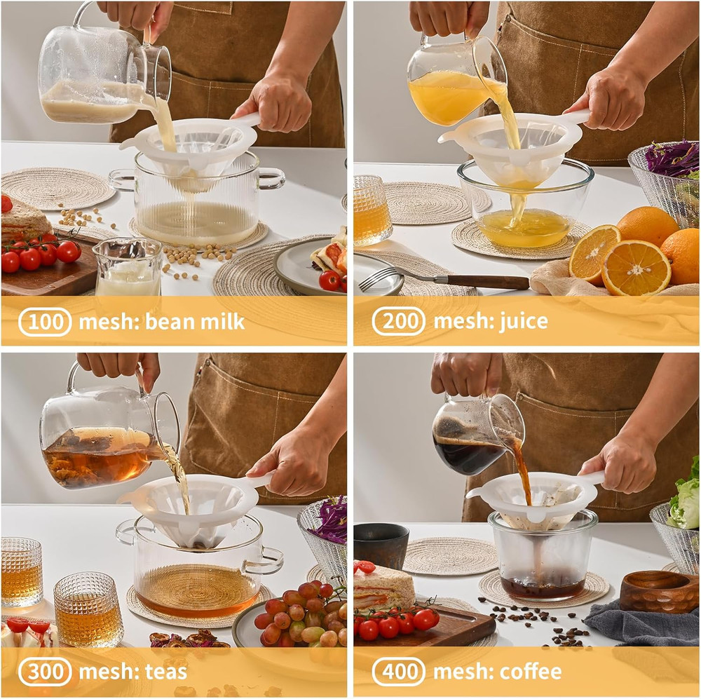 Premium Multi-Mesh Strainer Set, 4 Pack - 100/200/300/400 Mesh, Nylon & Plastic