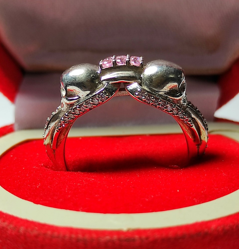 Solid Double Skull Face With Light Pink Sapphire In Real 925 Solid Silver Ring