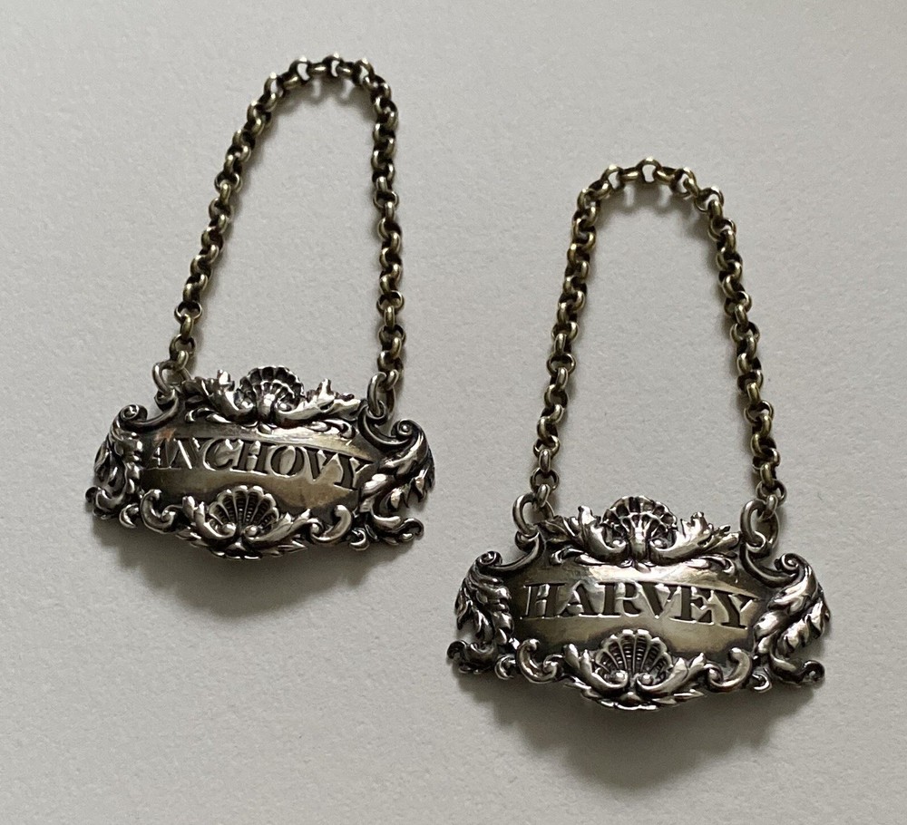 Antique SILVER BOTTLE LABLES - Pair, Harvey & Anchovy, Solid Silver (5I12)