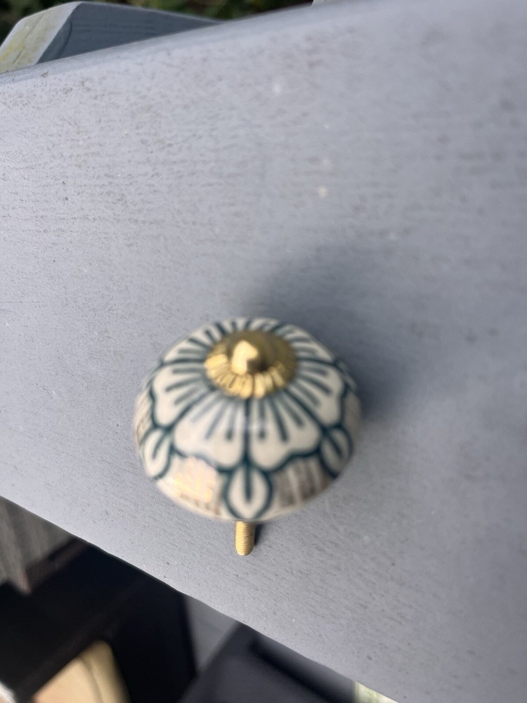 Ceramic Floral Drawer Pulls 3 Navy White Brass 2 Inches
