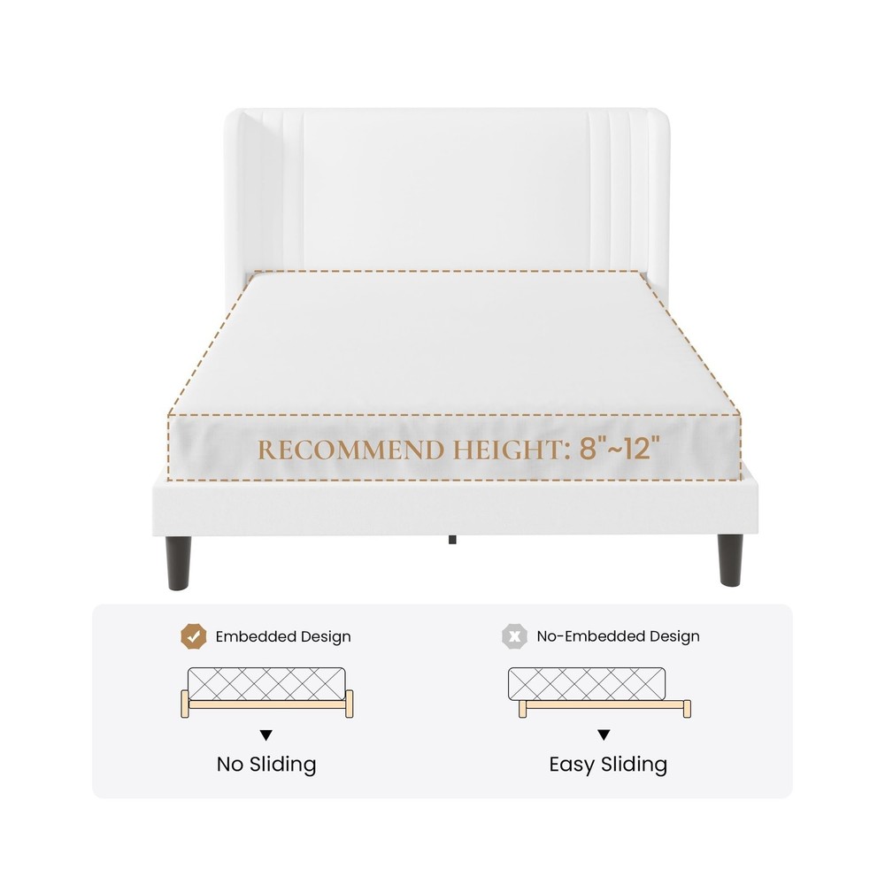 SHA CERLIN Queen Size Velvet Upholstered Platform Bed Frame with Vertical Cha...
