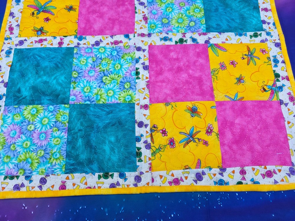 Handmade Quilted Table Square Topper Wall hanging Flowers Floral candy Easter