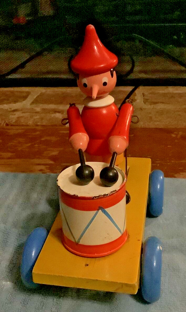 Wooden Pinocchio playing Drum Pull toy with Red Shirt