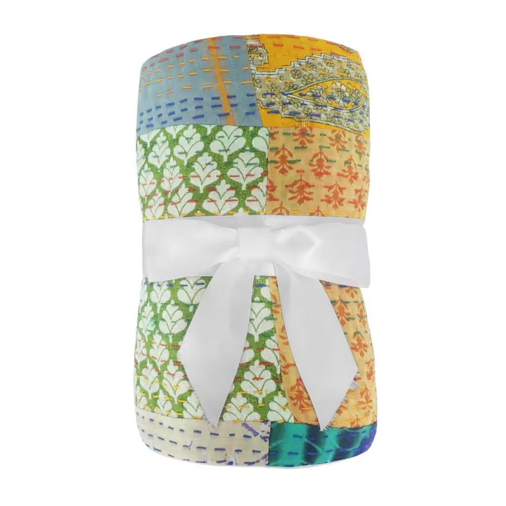 Faith Multicolored Patchwork Hand-Stitched All Natural Cotton Blend Throw Blanke