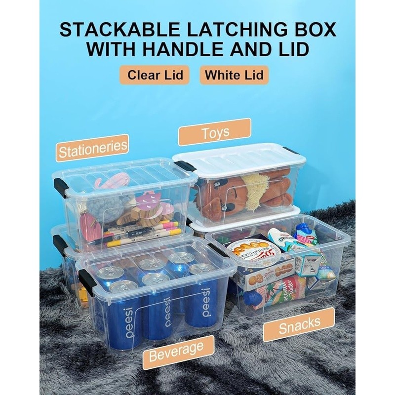 Clear Storage Bins Stackable Plastic Containers W/ Buckle Lids Organizing New