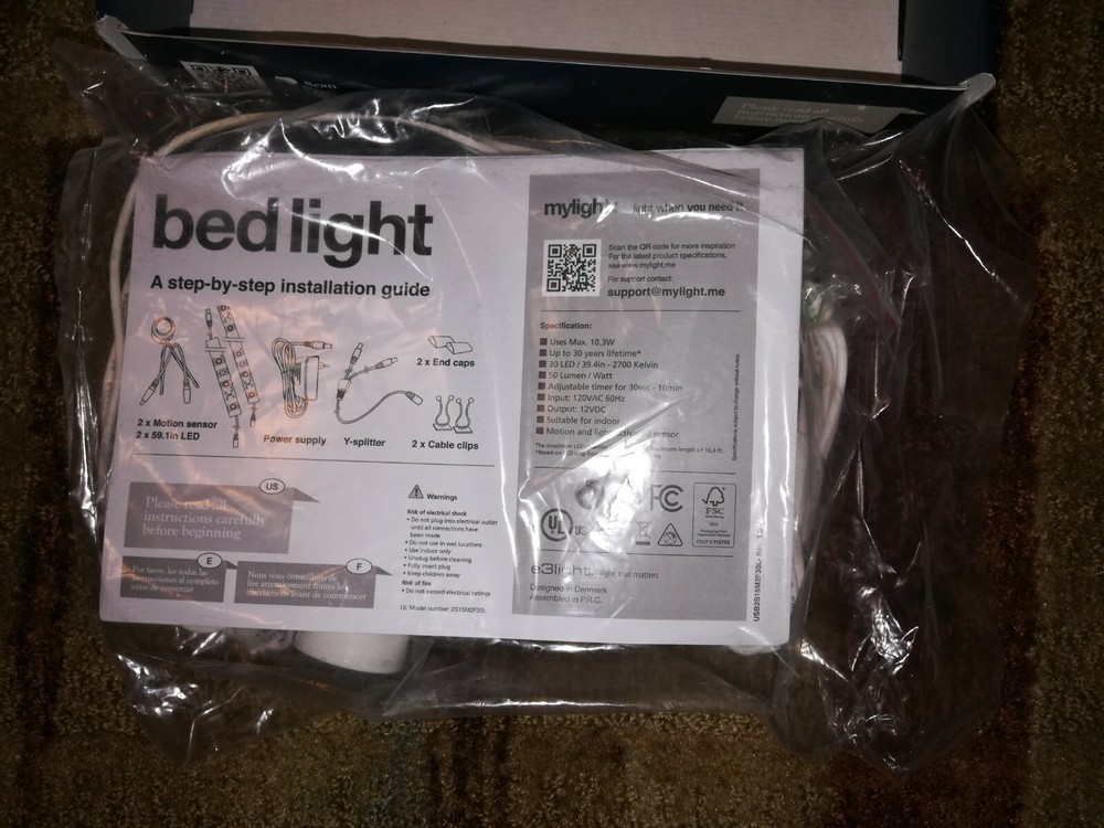 Bed Light Motion Activated Two LED Flex Strips e3light Open Box Contents Sealed