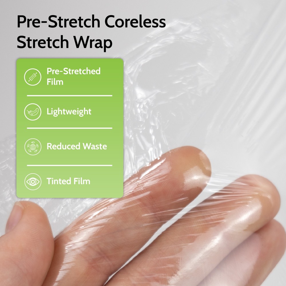17" x 1476' Coreless Pre Stretch Hand Wrap Clear With Handle 30 Gauge 4 Rolls