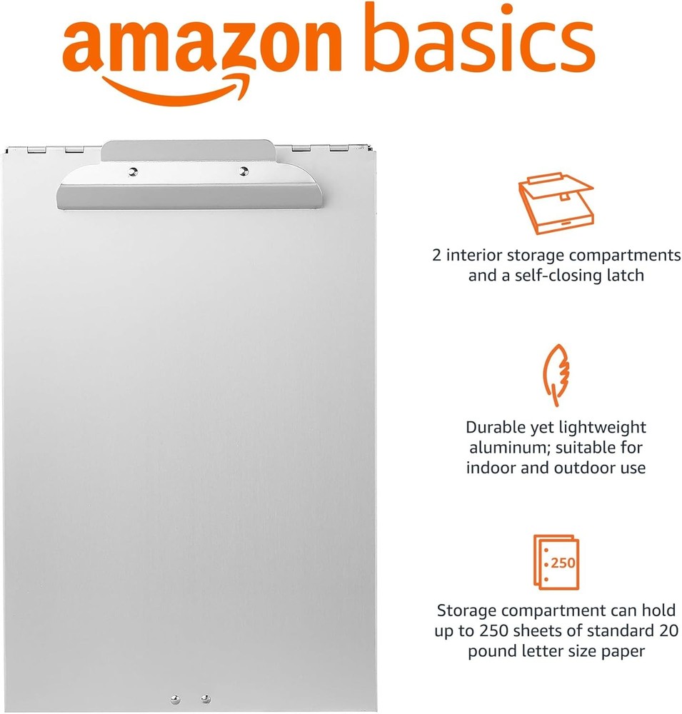 Amazon Basics Metal Clipboard with 2 Compartments and letter size, Silver