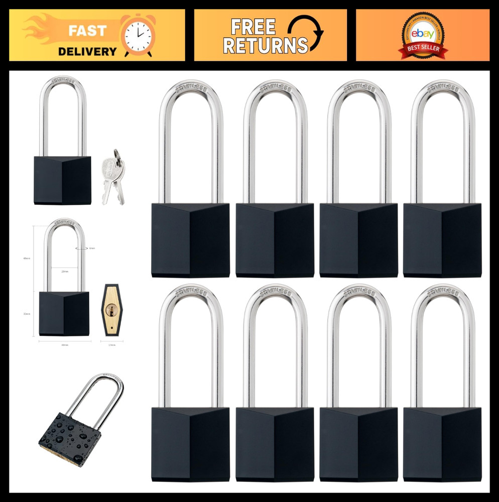 8-Pack Keyed Alike Padlocks, Rustproof Brass Locks with Long Shackle for Gates,