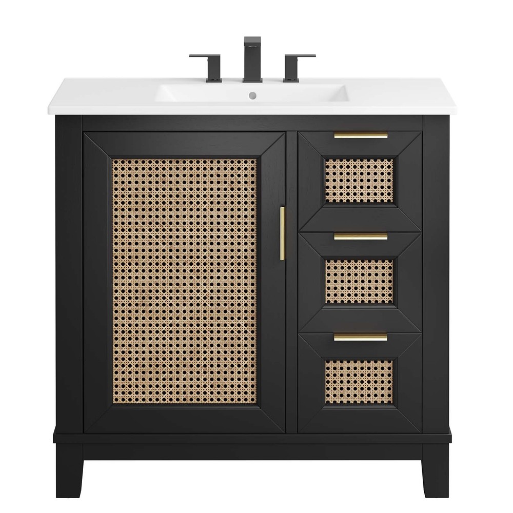 Modway Dixie 36” Solid Wood Bathroom Vanity Cabinet in Black White