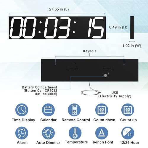 Digital Wall Clock, Oversize Led Digital Clock with Auto Dimmer, Huge White