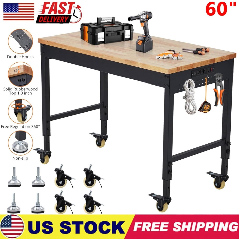 60'' Adjustable Work Bench Heavy Duty Work Table for Workshop Garage 2000 Lbs