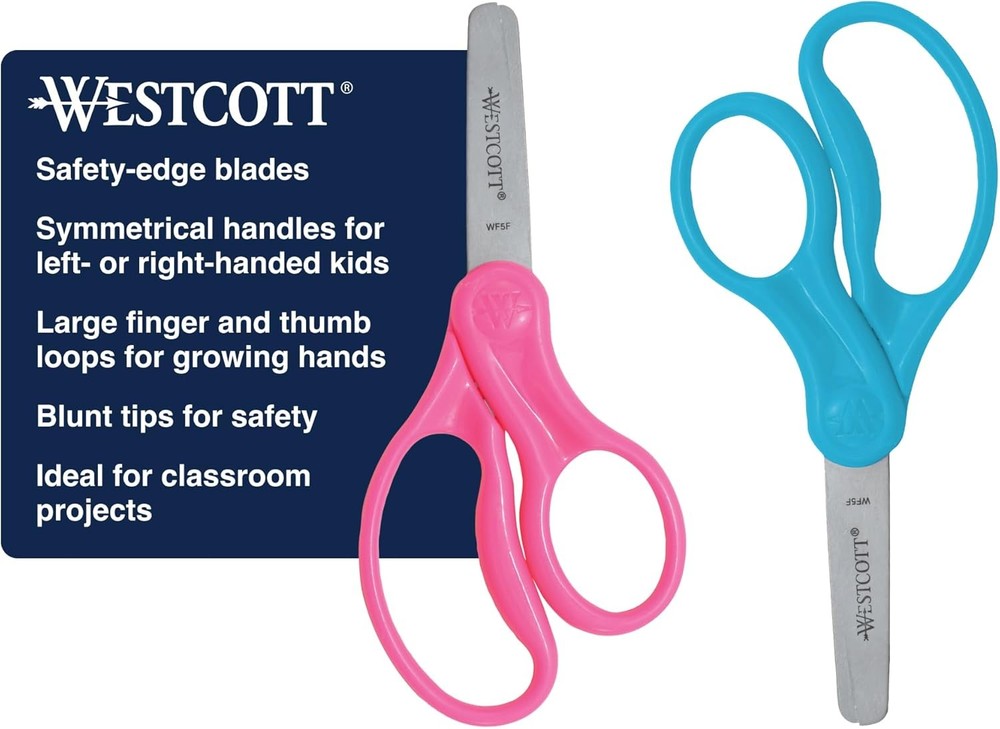 Westcott 5" Hard Handle Kids Scissors, Blunt, Assorted Colors, 2-Pack