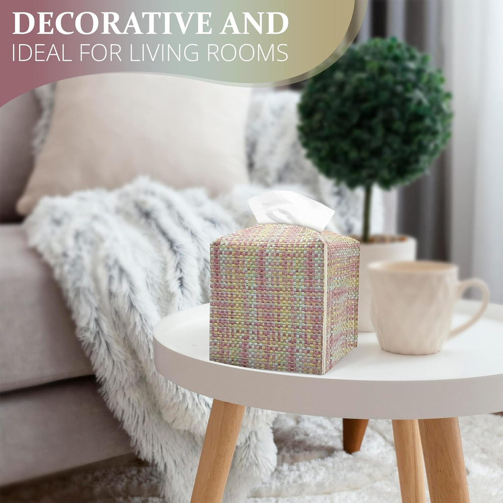 Tissue Box Cover, PU Leather Square Tissue Box Holder with Woven Pattern, Cube T