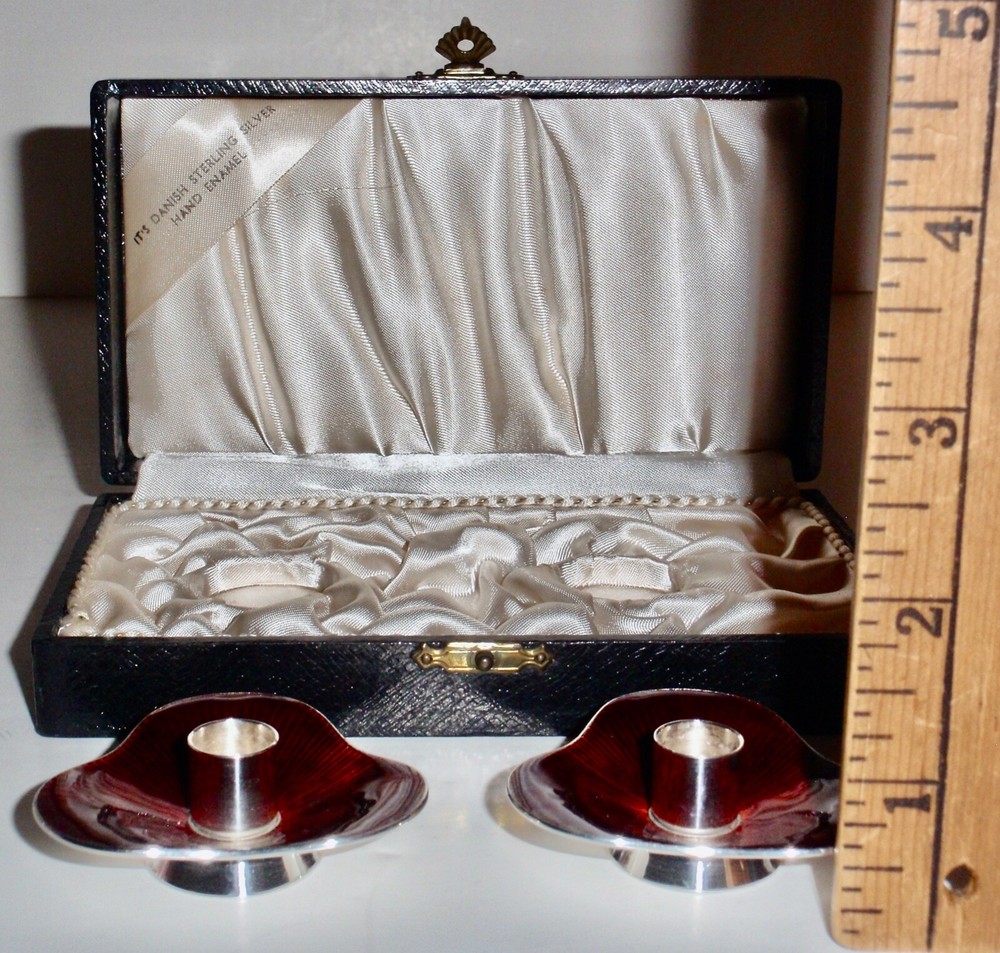 MEKA Denmark 1950's Sterling Silver Ruby Guilloche Enameled Trifold Candlesticks