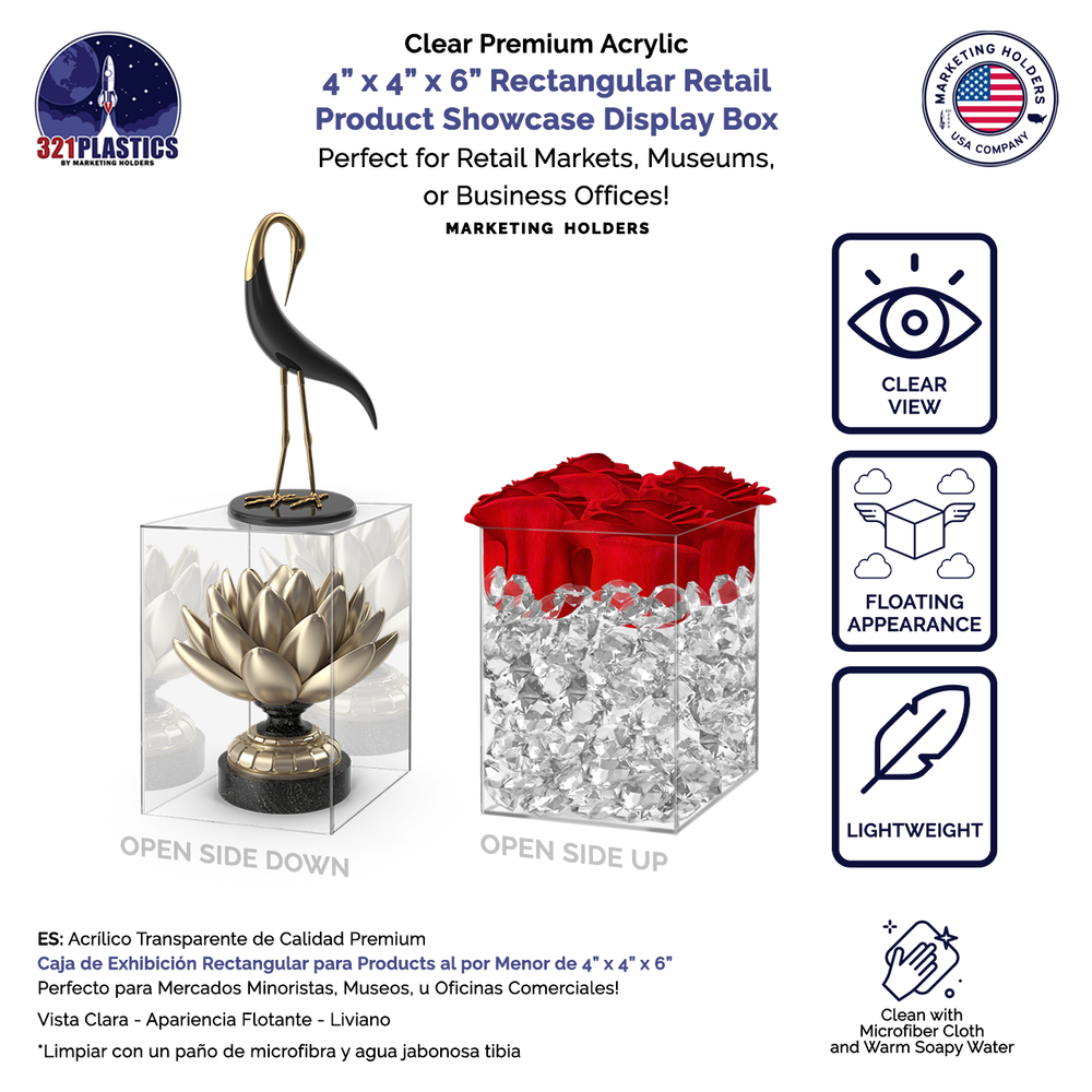 4" x 4" x 6" Retail Display Box or Dust Cover Rectangular Clear Acrylic