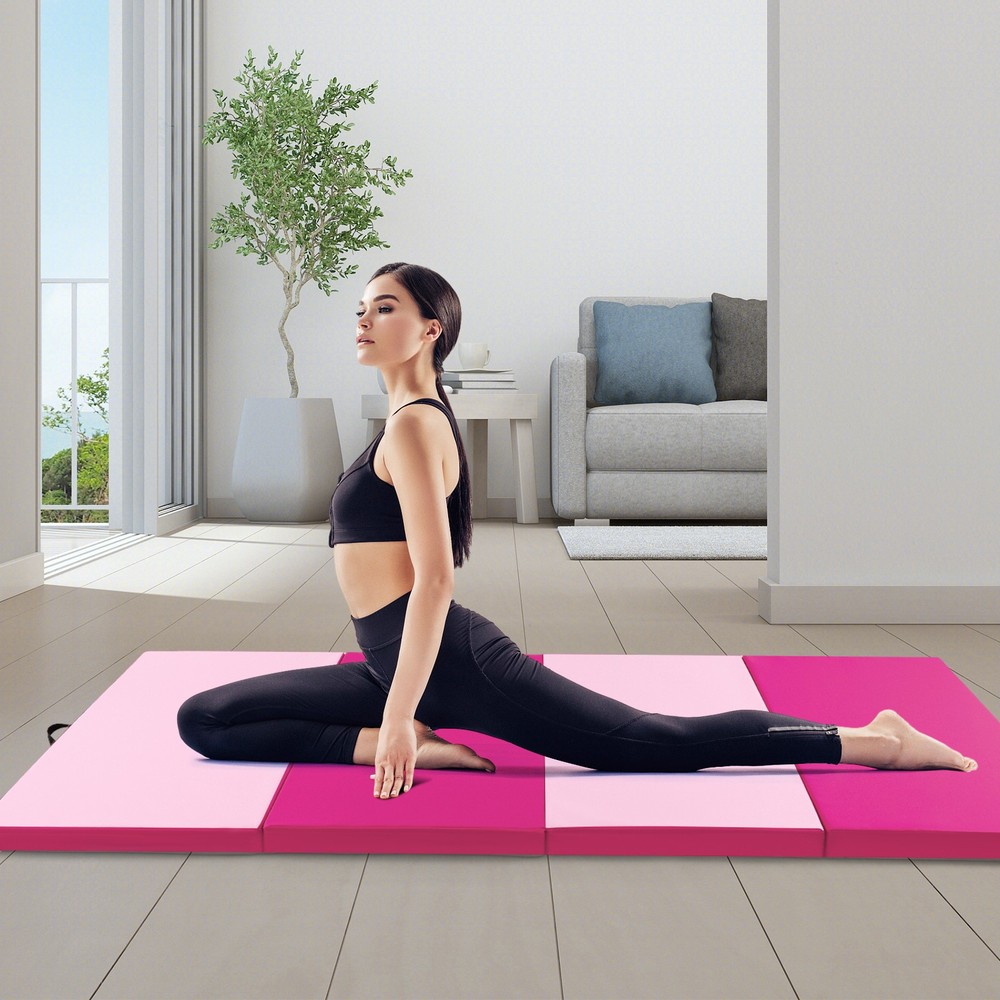 2" 4-Panel Folding Gymnastics Mat with Hook & Loop Fasteners, Handles Rose Red
