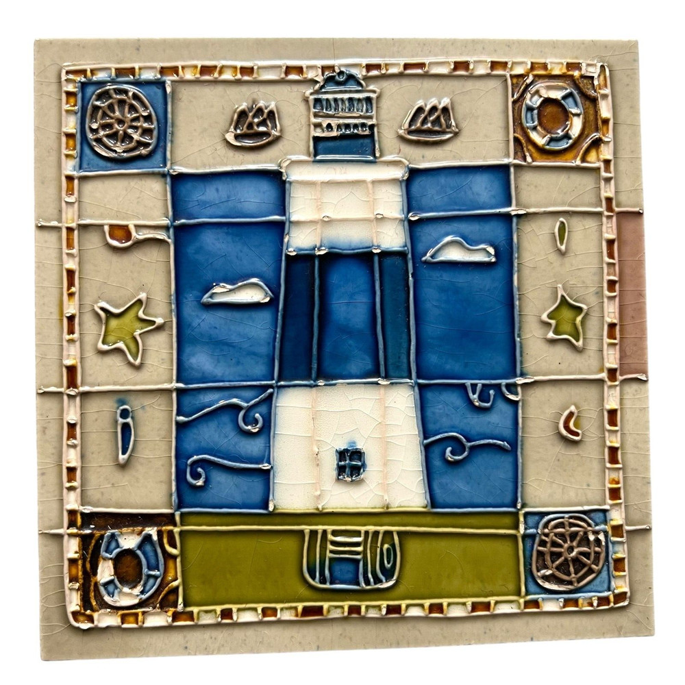 Handmade Relief Ceramic Nautical Tile Art Lighthouse Design Rustic Decor 6x6 in