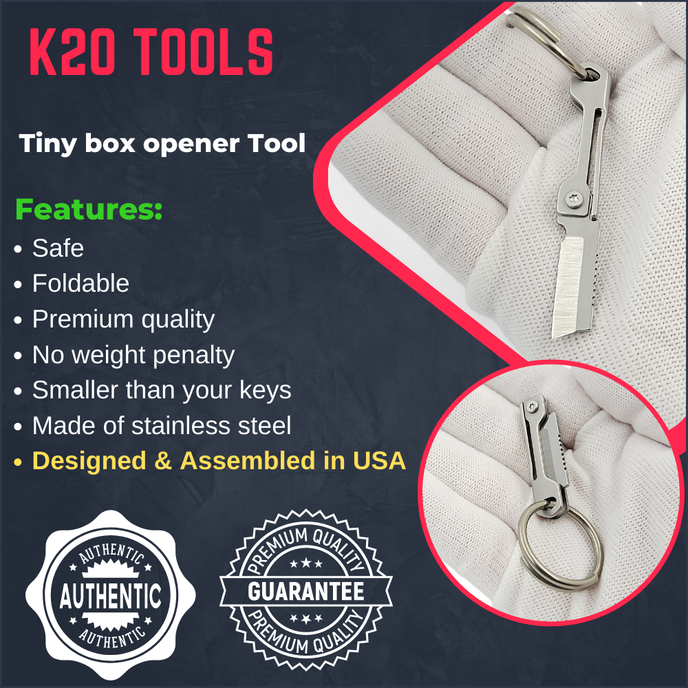K20 TOOLS - Folding Tiny Keychain Box Opener Knife - Utility Box Package Cutter