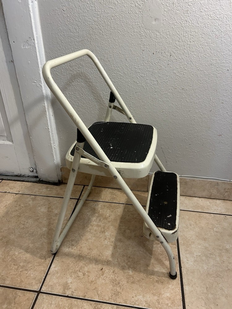 Vintage Cosco Folding 2 Step Stool Ladder Kitchen Garage Creamy White