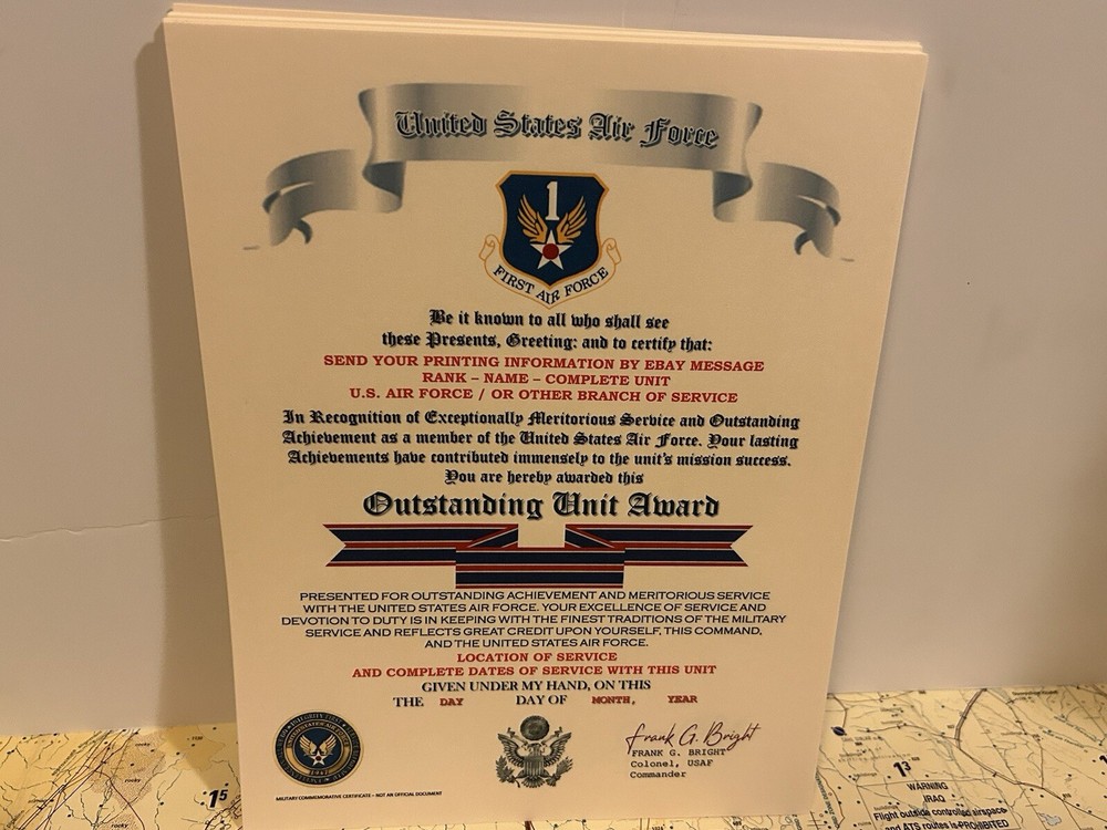 U.S. AIR FORCE / FIRST AIR FORCE - OUTSTANDING UNIT AWARD CERTIFICATE