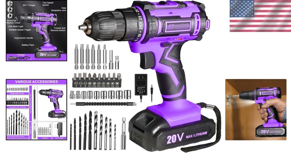 20V Cordless Power Drill Kit with 43 Bits & LED Light
