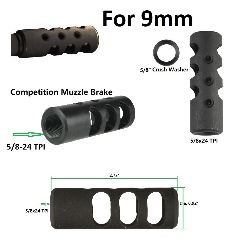 9 mm 5/8x24 TPI Thread Competition Muzzle Brake Compensator For 9mm