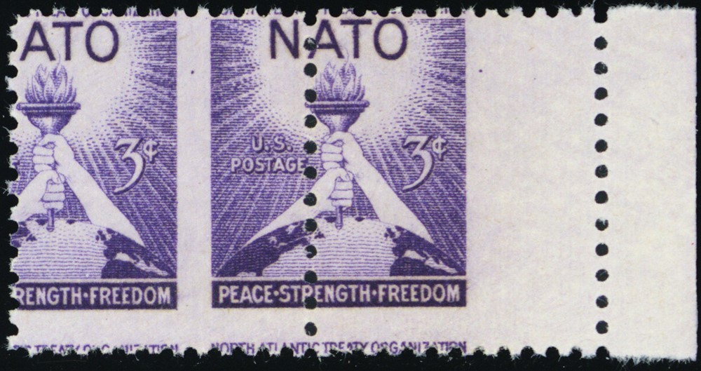 1008, Mint NH 3¢ NATO Spectacular Misperforation Error Pair - Stuart Katz