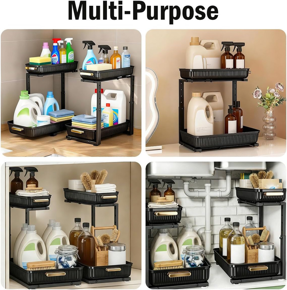 Under Sink Organizer - 2 Packs Multi-Purpose Pull-Out Storage Organizers, Slide