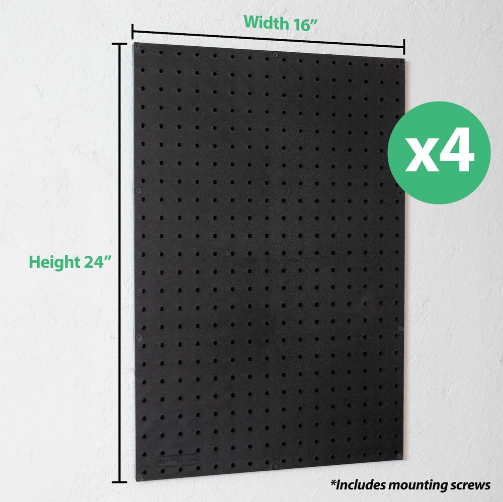 WallPeg 4 Black Plastic Peg Board Panels-96” Wide Garage Tool Pegboard Organizer