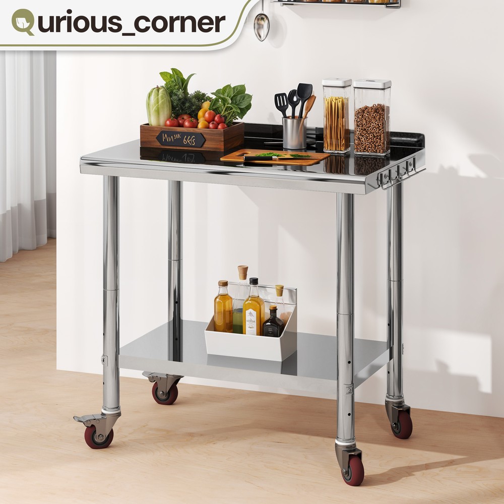 Rolling Work Table Stainless Steel Undershelf Kitchen Prep Backsplash Side Hooks