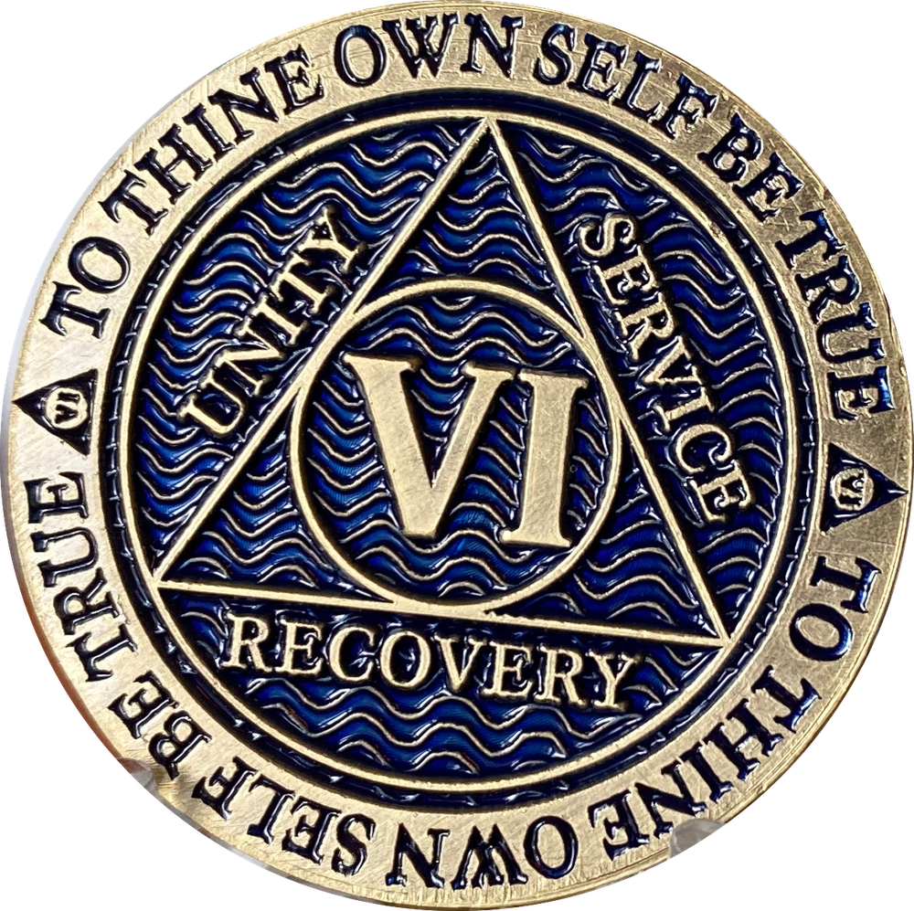 6 Year AA Medallion Antique Reflex Blue Sobriety Chip