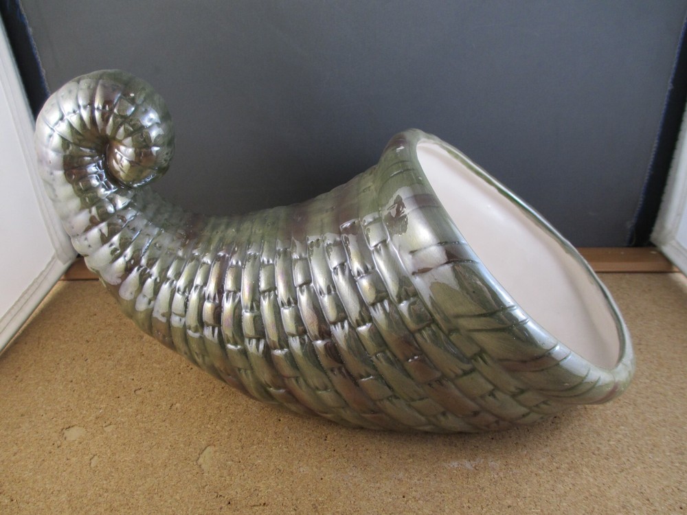Green Ceramic Cornucopia Thanksgiving Table Decor & Silk Flower
