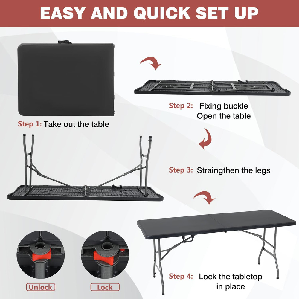 Folding Half Portable Foldable Table for Parties Backyard Events (White, 6 FT 70