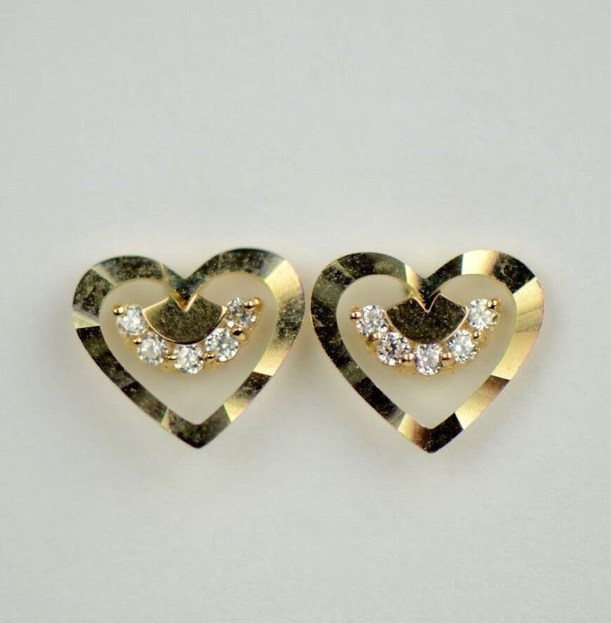 14k Solid Yellow or White Gold Heart Shape CZ Stud Earrings