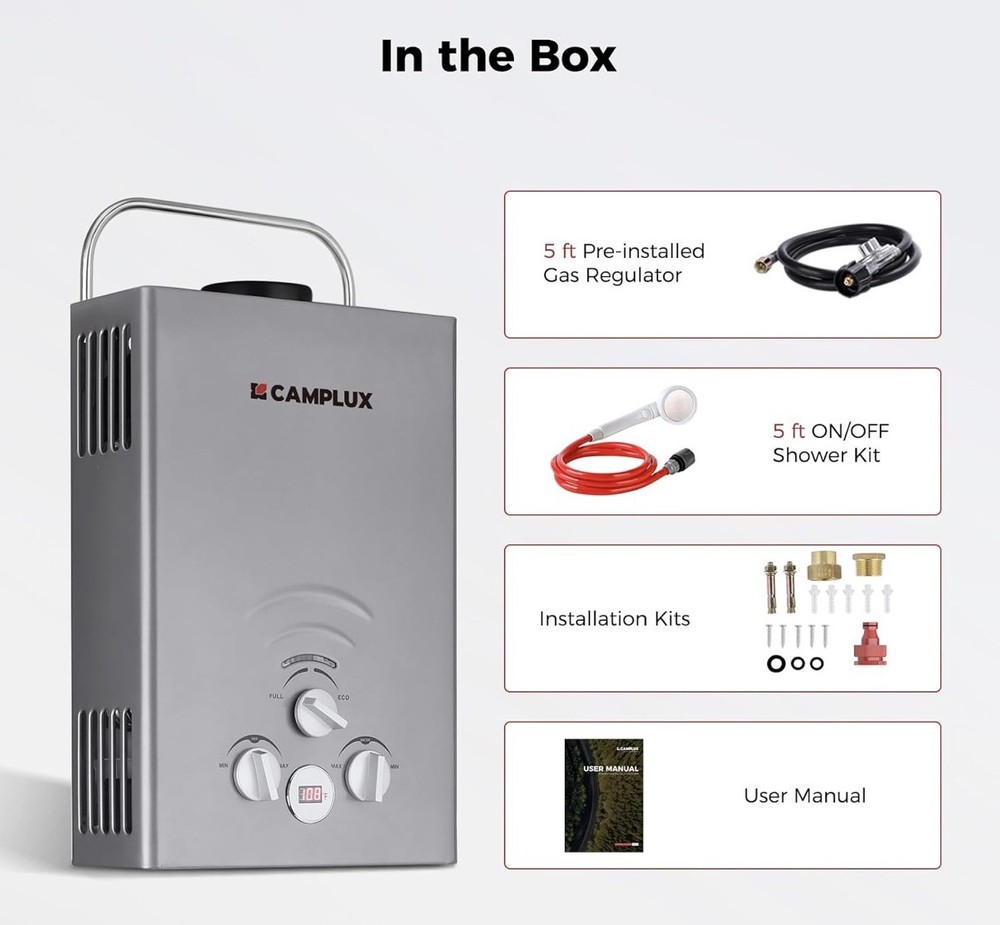 Camplux 6L Tankless Water Heater - BW158G - 1.58 GPM, 41,000 BTU - Gray