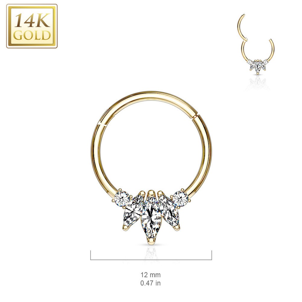 14K Solid Gold 3 Marquise CZ Hinged Hoop Ring Septum Daith Tragus