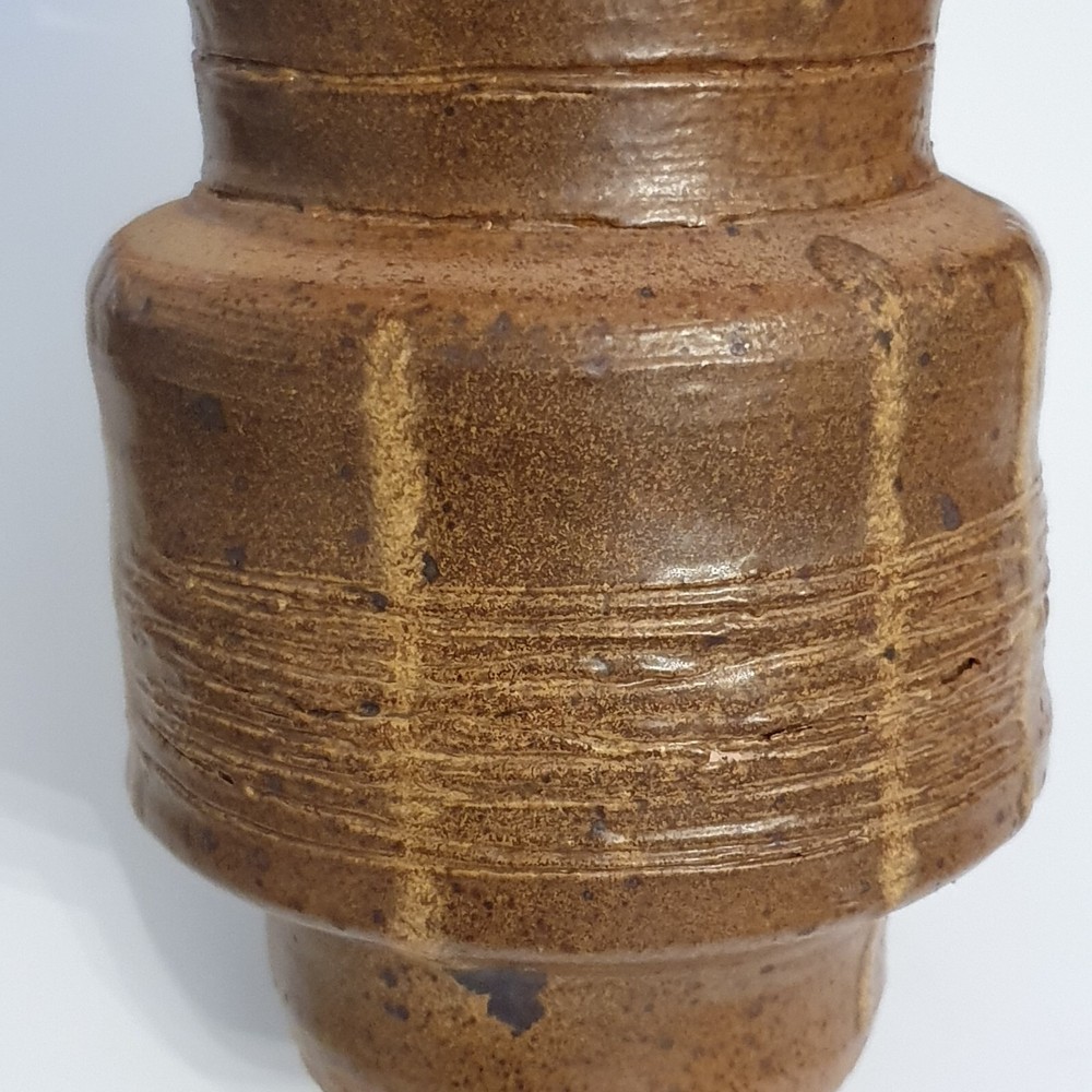 Vintage MCM Earthenware Covered Jar Ash Glaze Threaded 6.5"H Signed