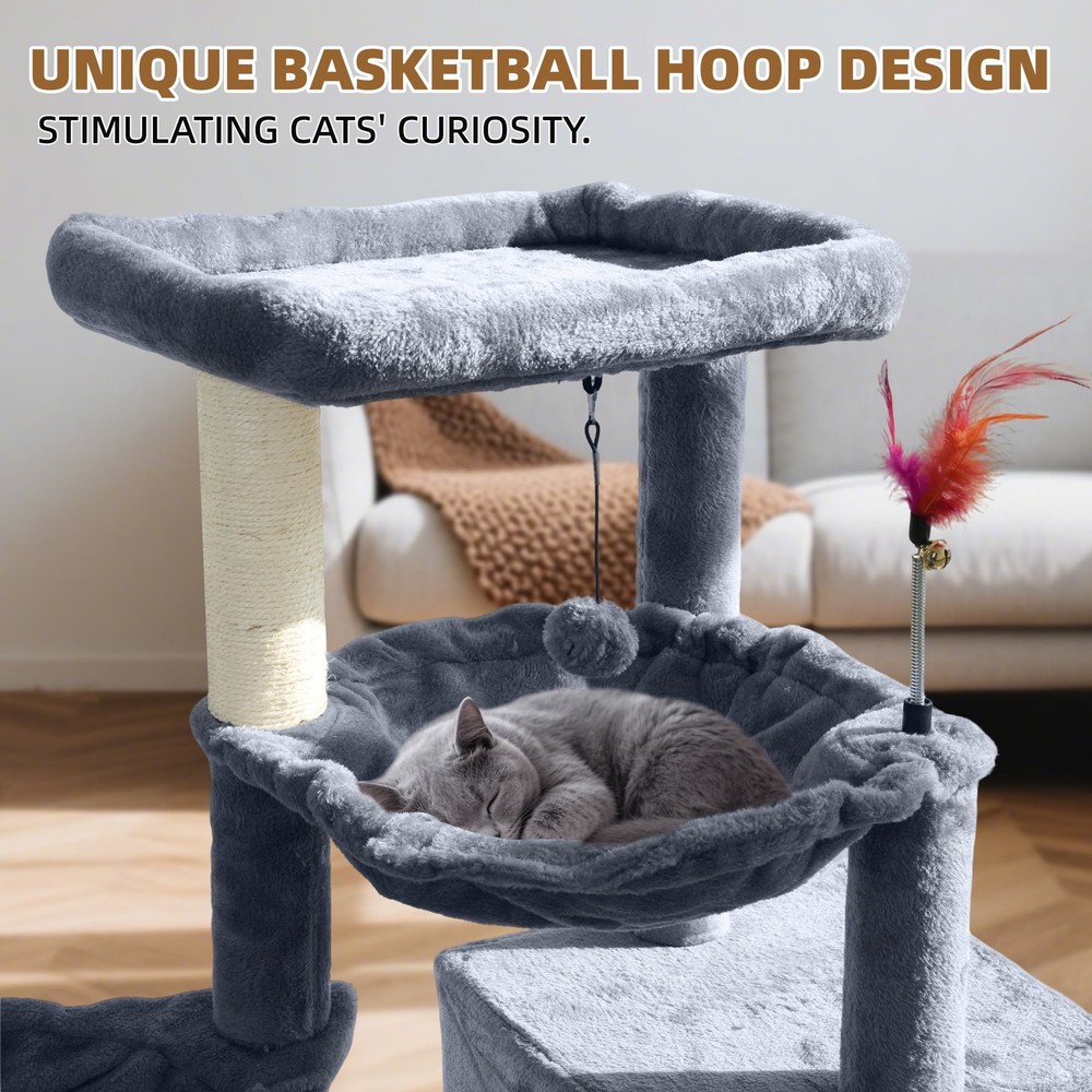 37" Cat Tree Tower 3-Tier Compact Condo with Scratching Post Hammock Grey