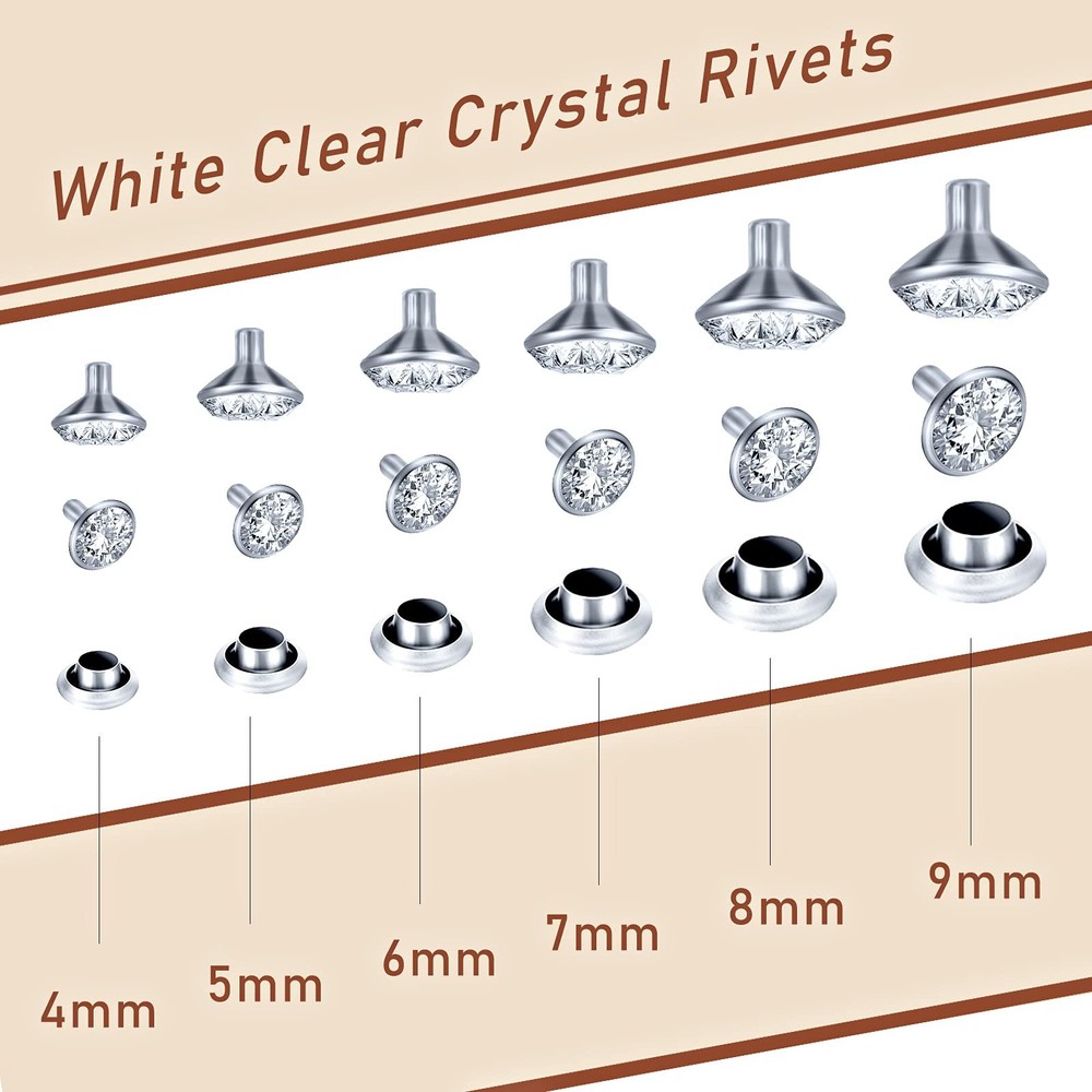 Rhinestone Rivets 600 Sets 6 Sizes White Clear Crystal Rapid Studs Silver