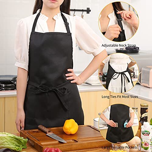 Pack Adjustable Bib Apron, Waterdrop Resistant Aprons with 2 Polyester-black