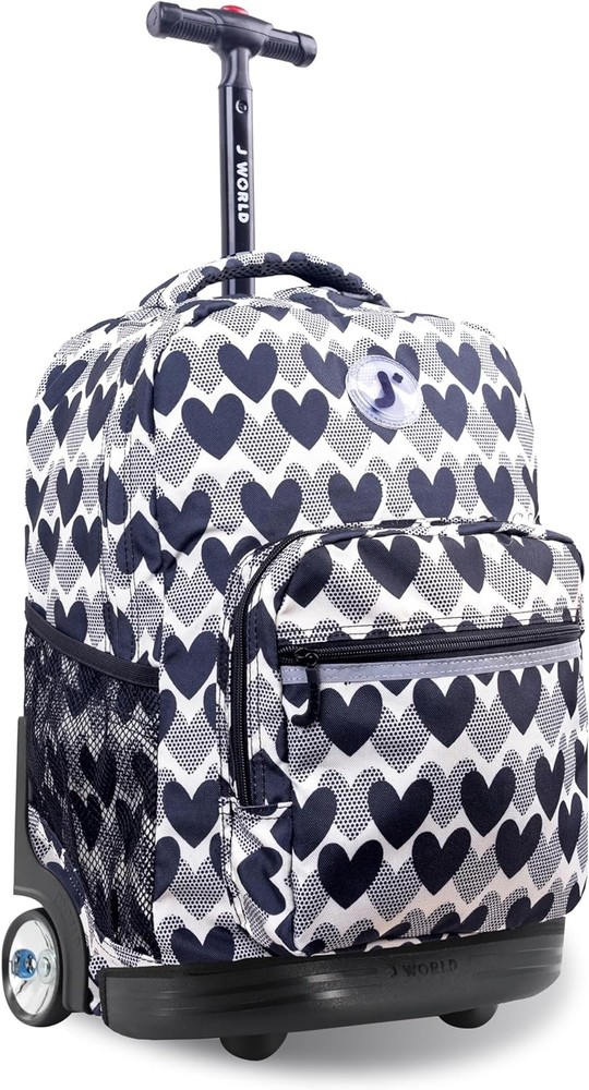 J World Sunrise Rolling Backpack. Roller Bag with Wheels, Heart Dot