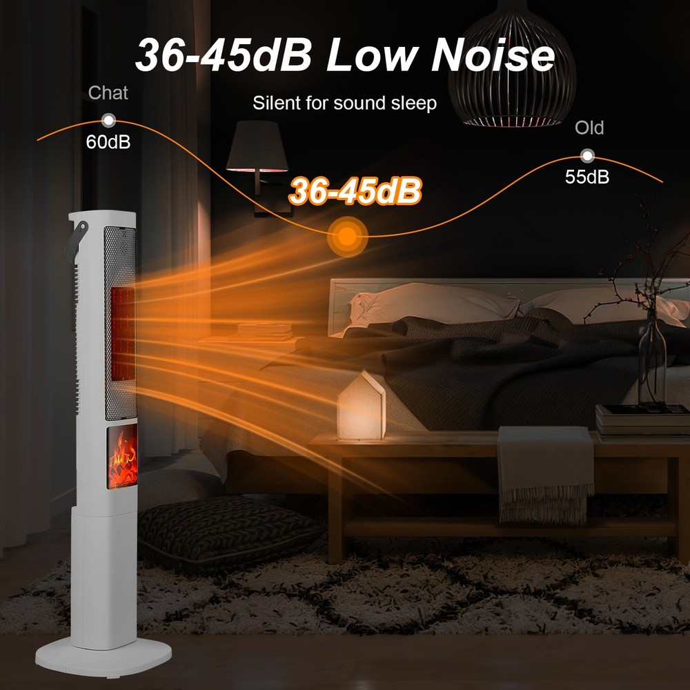 1500W Ceramic Tower Space Heater W/ 3D Flame Remote Control 5 Timer Options