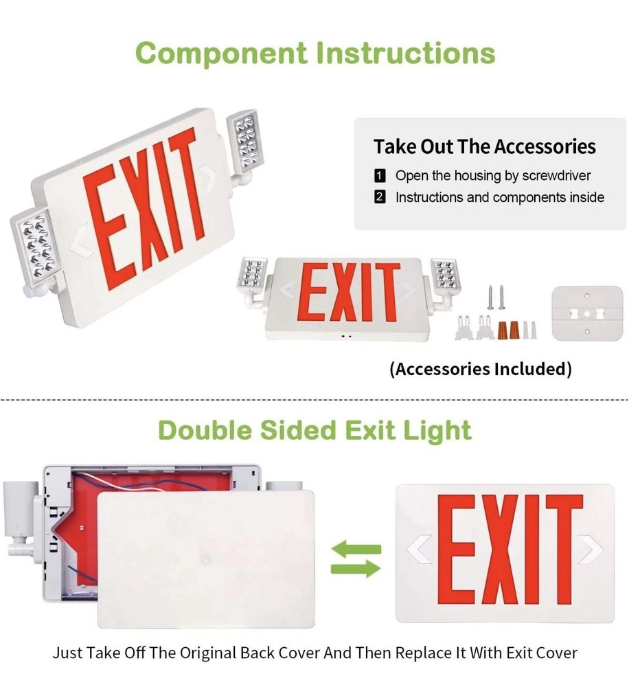 4 Pack LED Exit Sign Emergency Combo Light with Adjustable Two Head Battery
