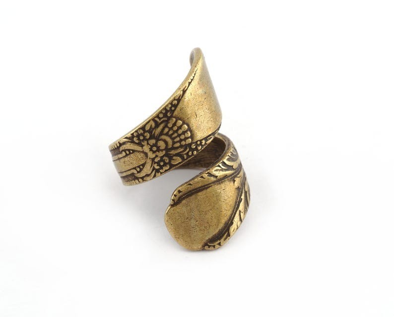 Spoon Ring Wrap Flower Patterned Adjustable Antique Bronze Plated Brass 4072