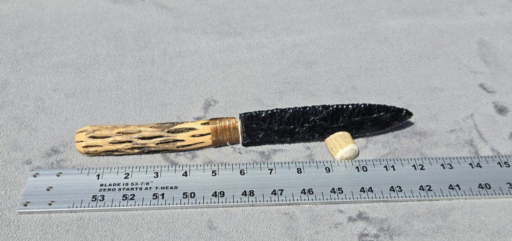 Hand Knapped Black Obsidian Blade Knife With Cholla Handle.