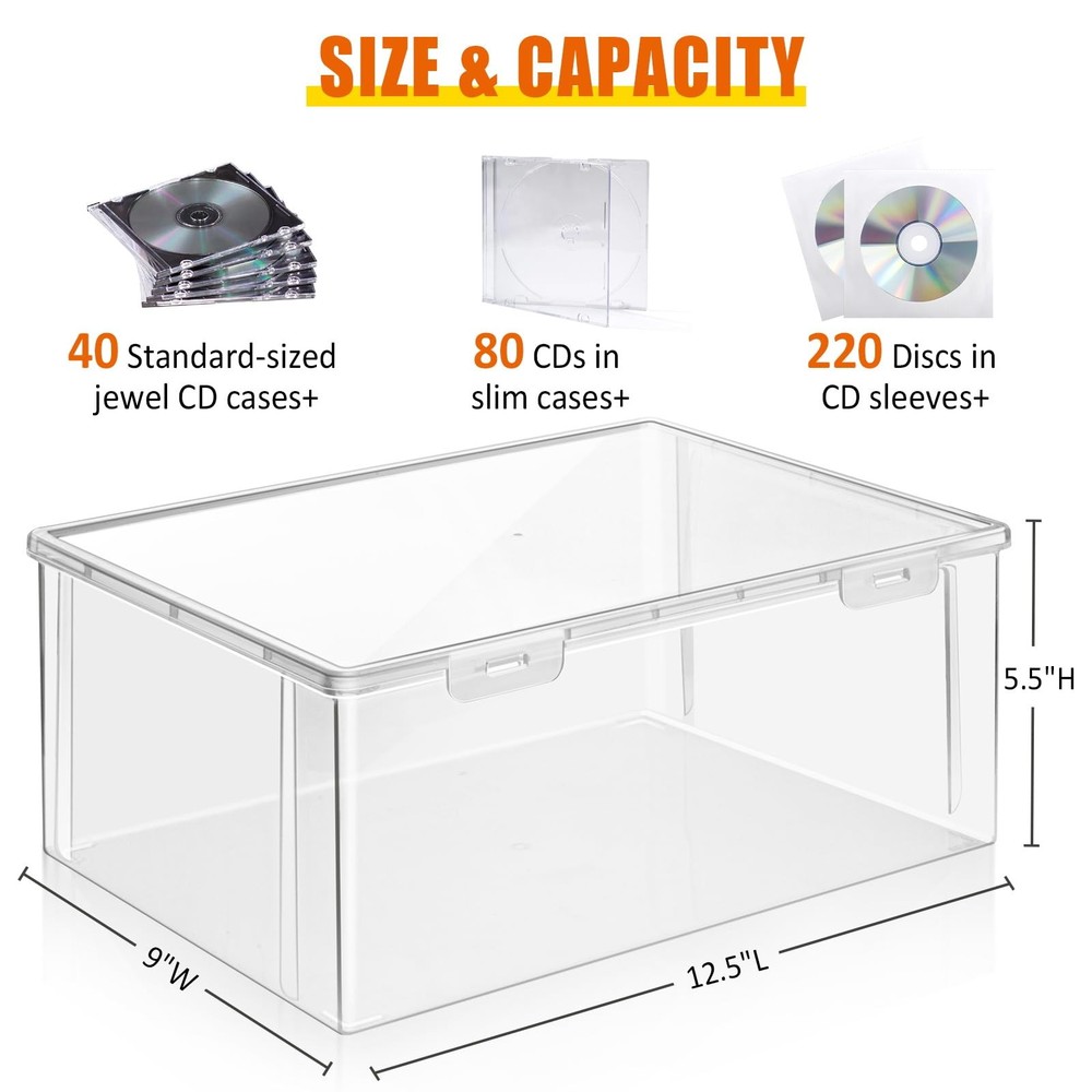 Stackable Clear Plastic CD Storage Box Organizer Music Media Holder